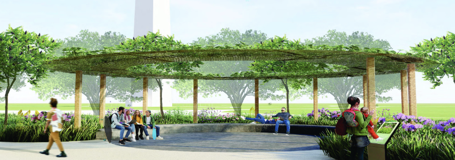  A digital rendering showcasing a student designed garden at the National Museum of African American History and Culture, featuring lush greenery and pathways.