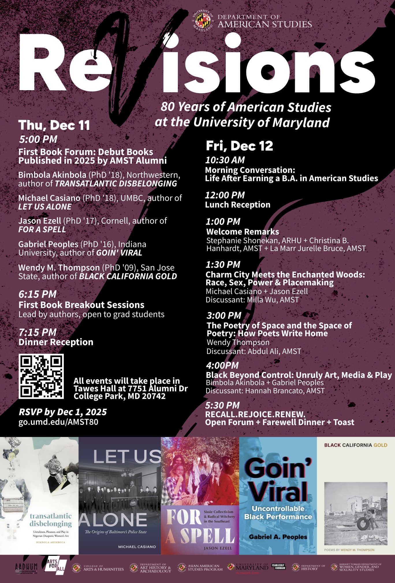 Event poster for "Revisions: Celebrating 80 Years of American Studies at Yale." The poster features a dark blue background with white and gold text. At the top, it reads "AMERICAN STUDIES AT YALE PRESENTS" followed by the large title "REVISIONS" in bold letters. Below states "CELEBRATING 80 YEARS OF AMERICAN STUDIES AT YALE" and "FRIDAY, APRIL 25, 2025 • 9:00 AM - 5:00 PM • LUCE HALL." At the bottom is the Yale University American Studies Program logo.