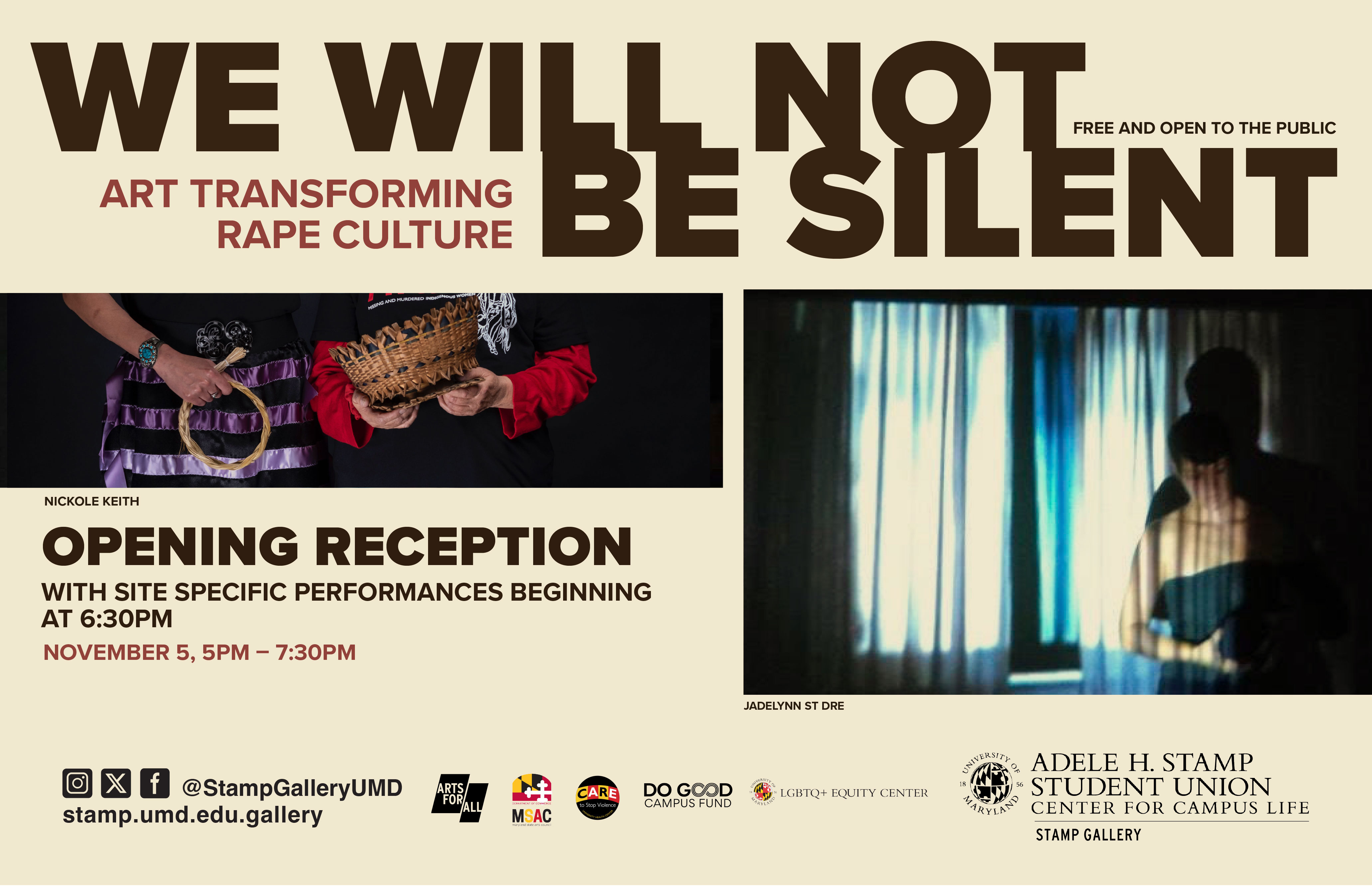 A promotional image for the "We Will Not Be Silent: Art Transforming Rape Culture" exhibition reception. The image features a colorful collage-style design with overlapping shapes in red, orange, pink, and purple tones. Text details include: "Opening Reception November 5, 2025, 5-7:30 p.m." and "Performances begin at 6:30 p.m." The Stamp Gallery logo appears at the bottom along with "Exhibition and All Programs are Free and Open to the Public."