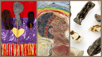 Alt text: A collage of images showing close-up views of artworks from the exhibition. The image features textured materials and fabric elements in warm tones, representing one of the sensorial works created by the featured artists using materials such as makeup, salt, clay, wood, or fabric to address themes of sexual violence and survival.